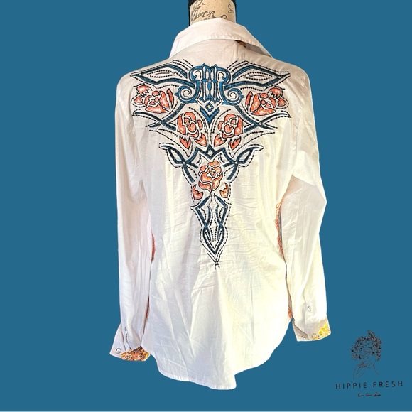 Roar Embroidered & Embellished  Western Snapped Blouse Size L - Picture 3 of 10